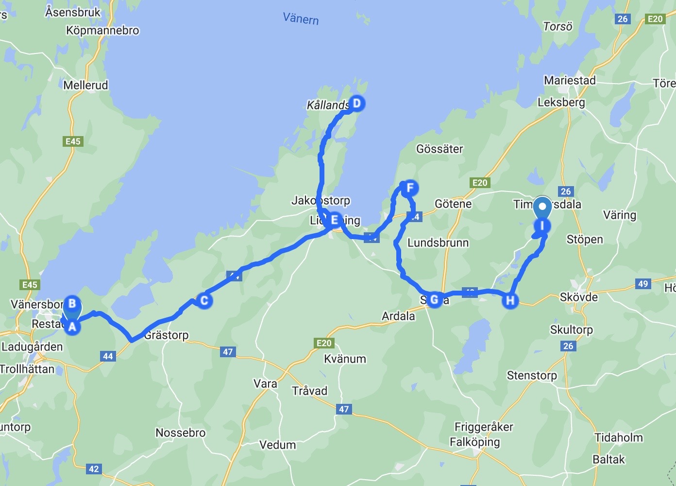 En karta med en rutt från Halleberg till Billingen