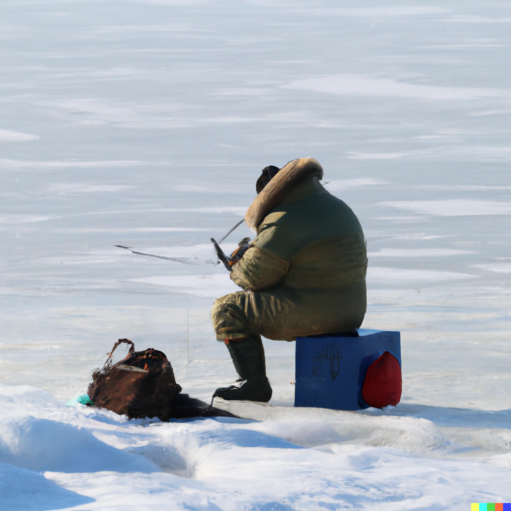 En man sitter och pimplar på en frusen sjö