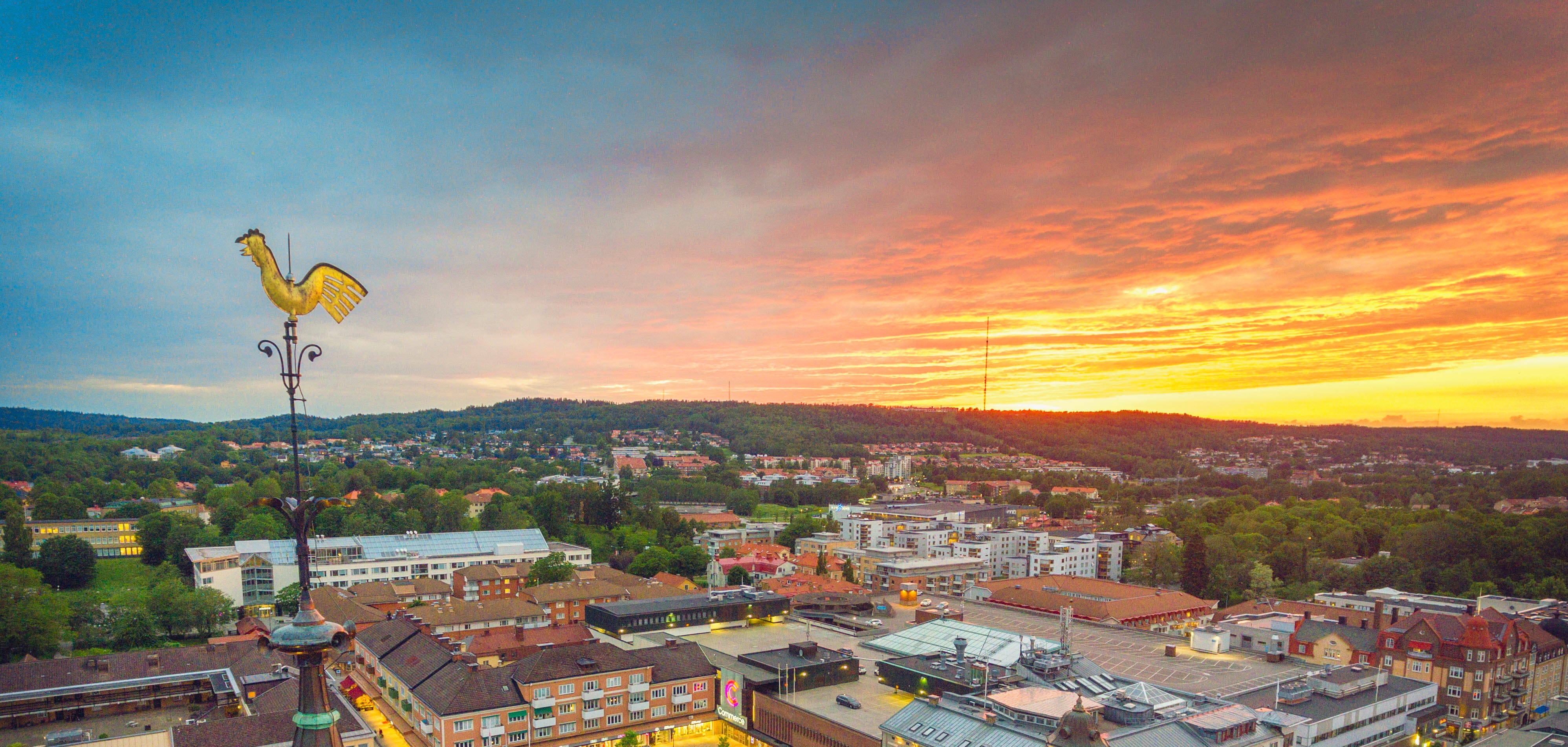 Översiktsbild över Skövde med mängder av hustak och grönska som lyser upp i den rosa solnedgången bakom berget Billingen.