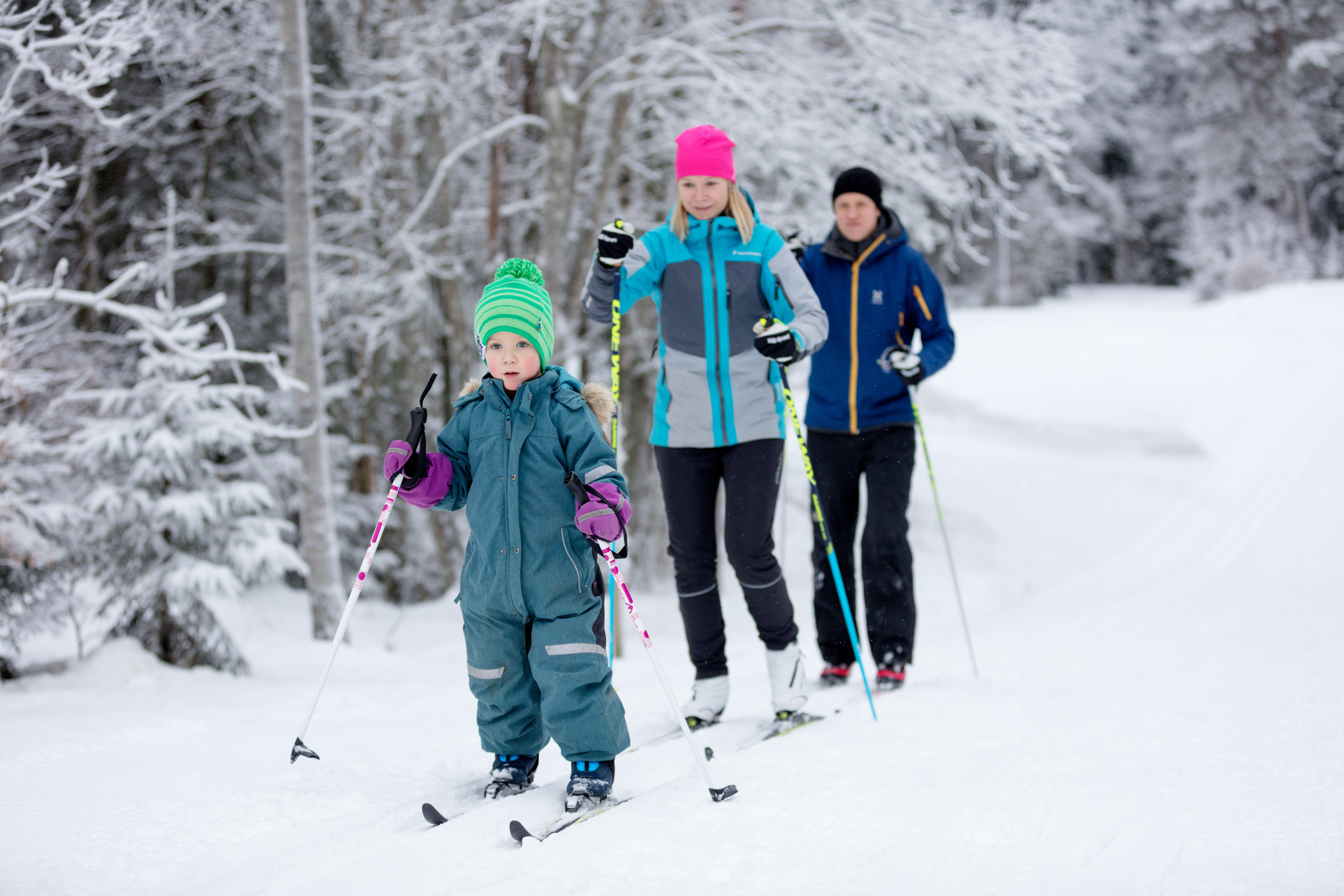 Familj med barn som åker längdskidor i skidspåret på Billingen. 