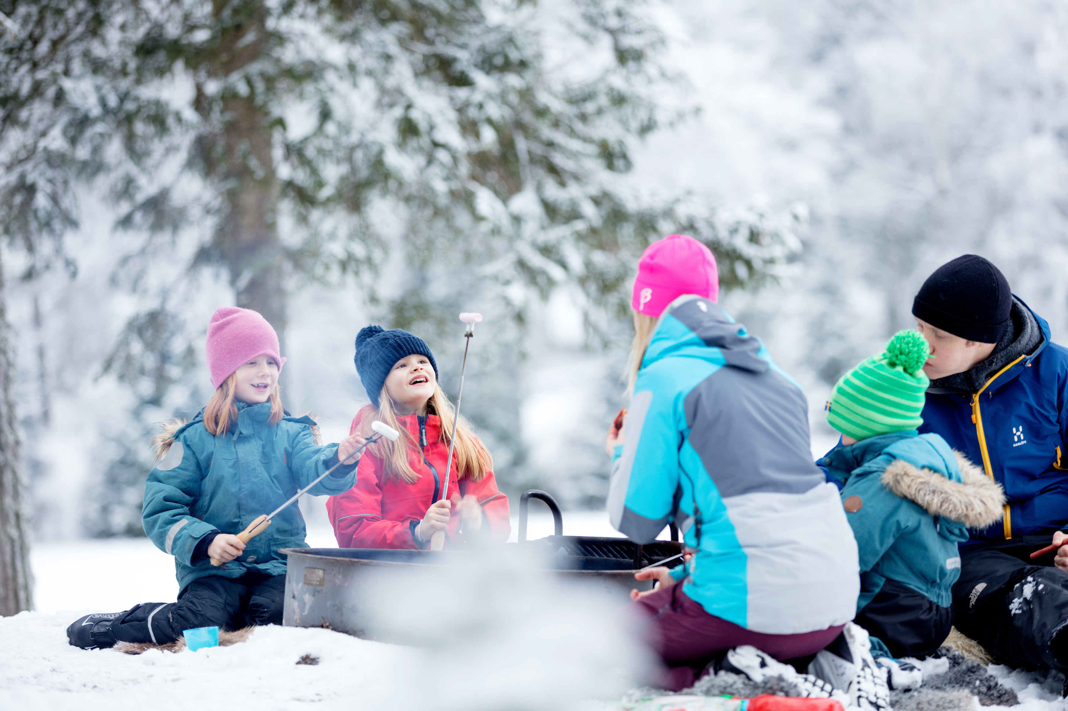 Familj sitter och grillar över öppen eld på Billingen i Skövde.