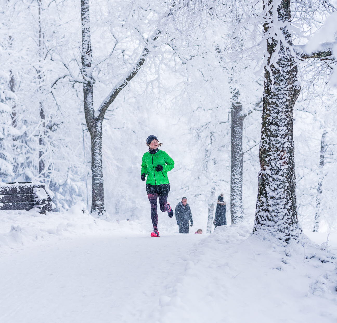 Kvinna iklädd en grön jacka kommer rofullt spingandes  genom ett härligt vitt vinterlandskap