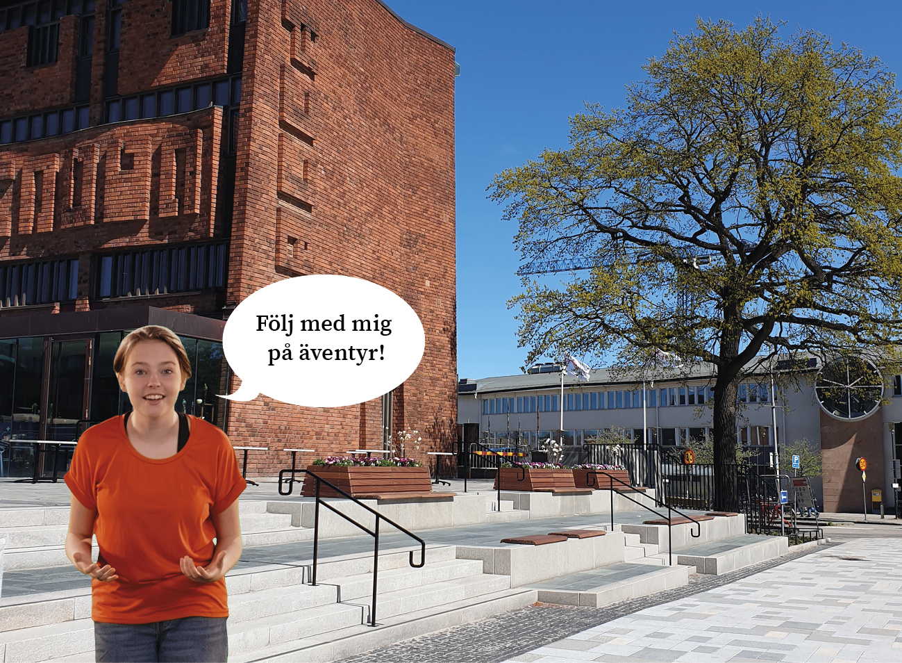 En tjej i röd tröja står utanför Skövde kulturhus