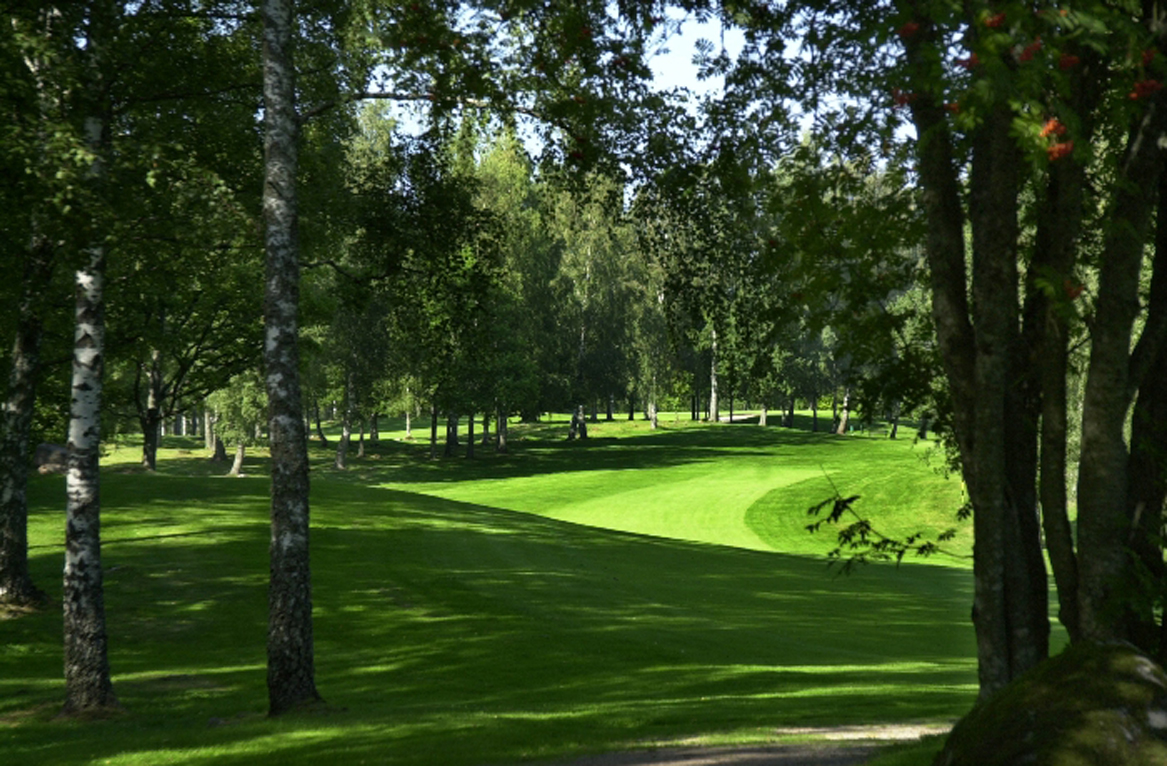 Lummig bild över Billingens golfbana, träd omgärdar en öppen fairway med kortklipt grönt gräs.