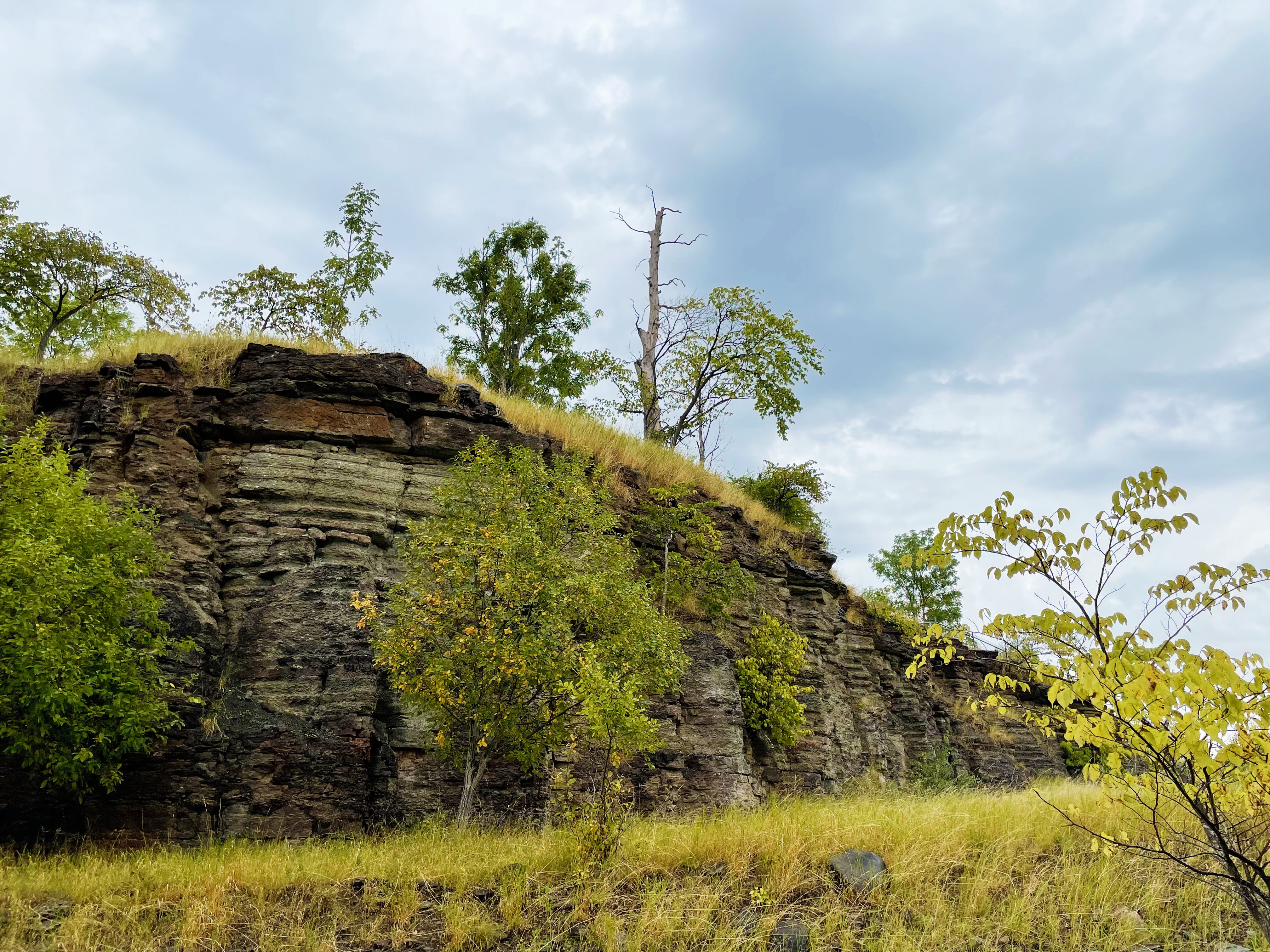 En stor klippavsats där man tydligt ser platåberget Billingens bergslager. 
