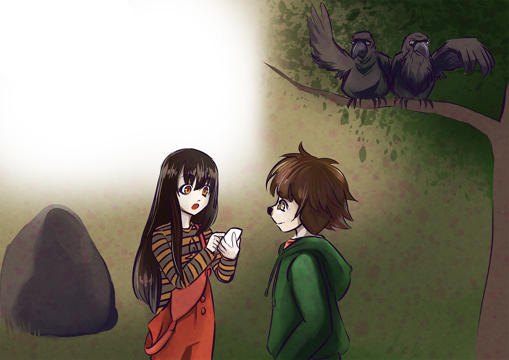 Två barn står och pratar medan de blir iakttagna av två korpar som sitter i ett träd.