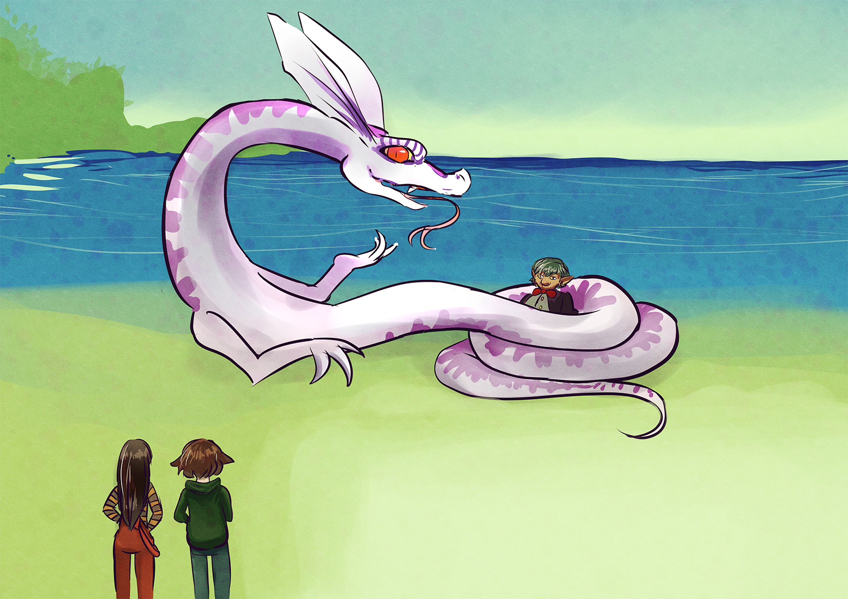 En lila lindorm har fångat en figur i sitt grepp.