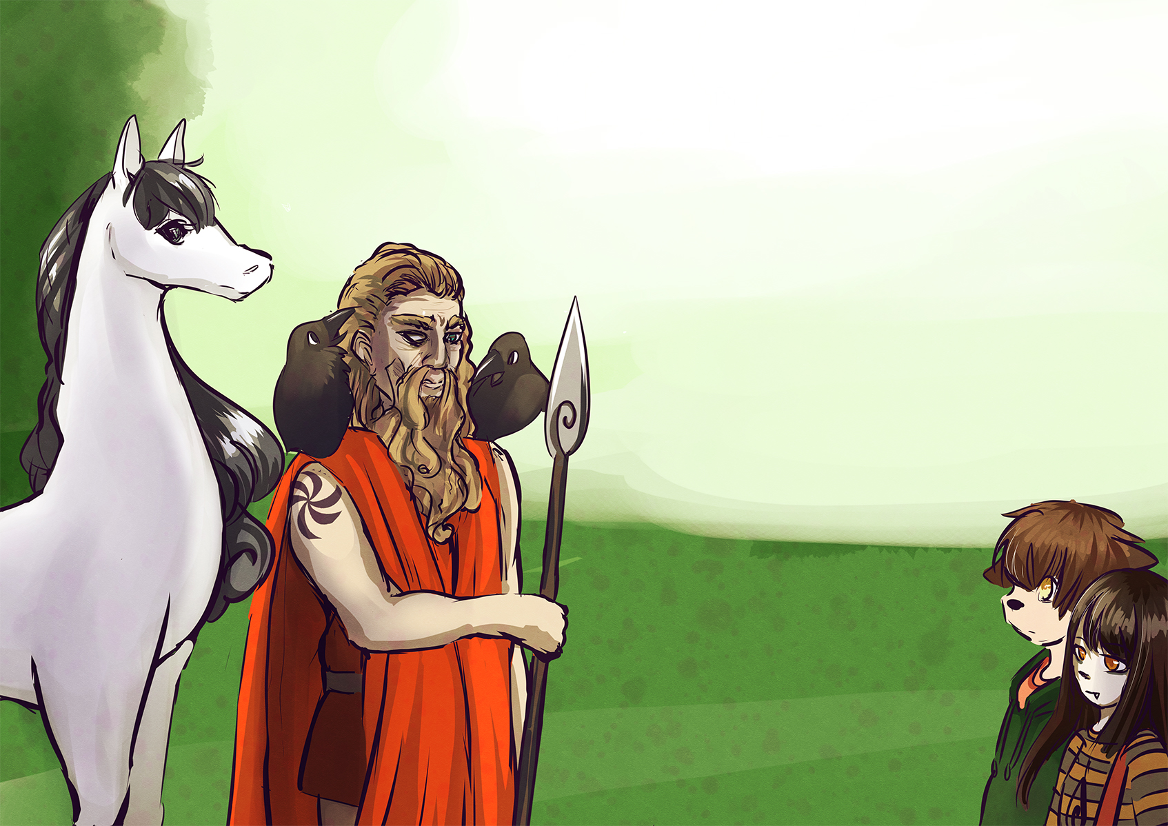 En vit häst och en man i röda äldre kläder med två korpar på varsin axel står och pratar med två barn med mörkt hår. 