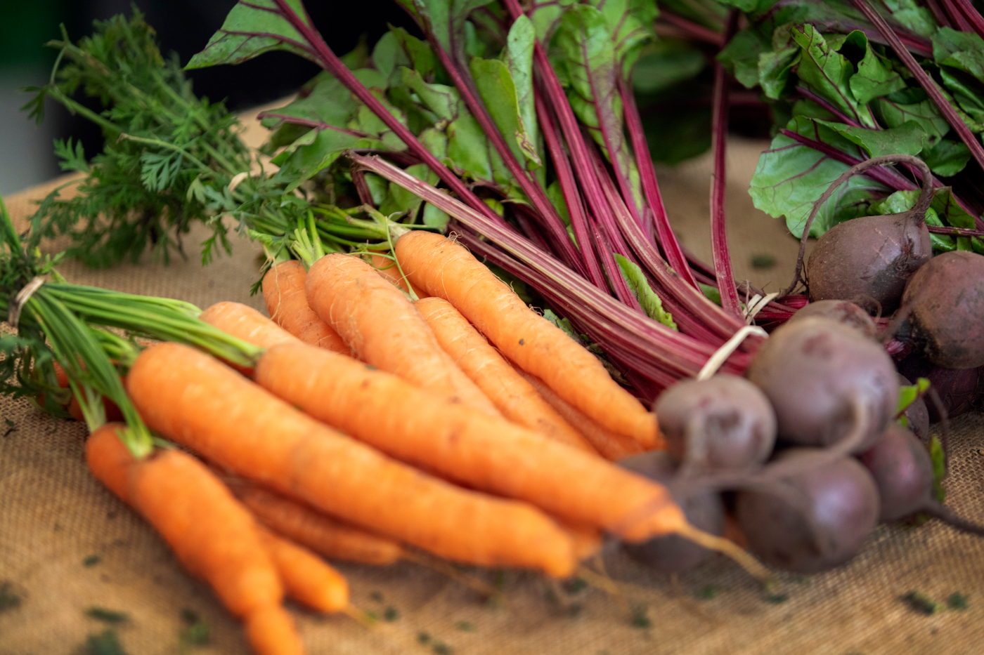 Ett knippe morötter ligger på en träskiva intill två knippen rödbetor. 