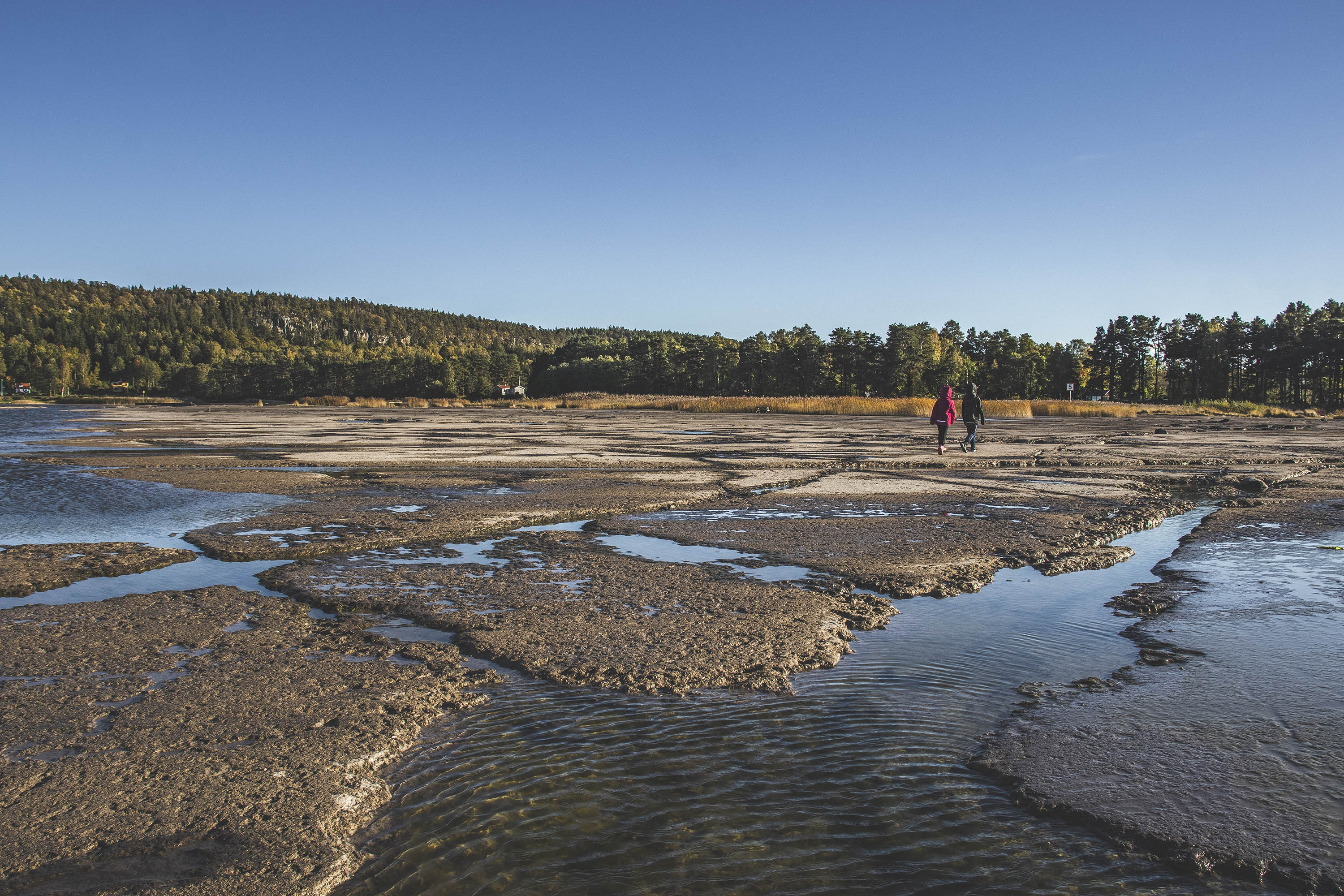 Två personer vandrar på ett platåberg omgivna av grön natur och blå himmel