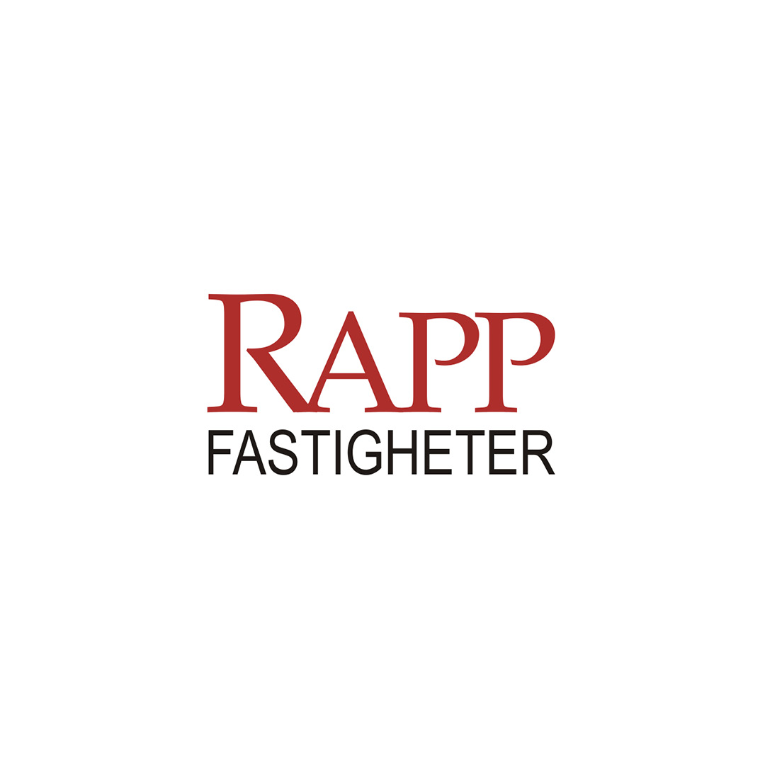 Rapp fastigheters logotyp i röd och svart text