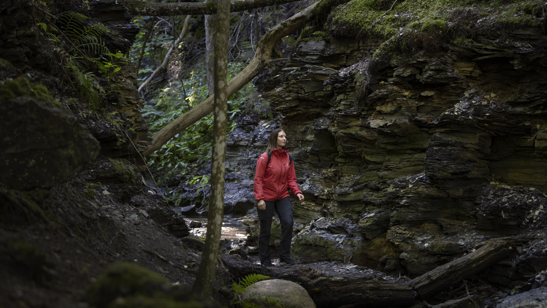 Kvinna i röd jacka och brunt hår går mellan stora stenblock där man ser bergslagren tydligt. 