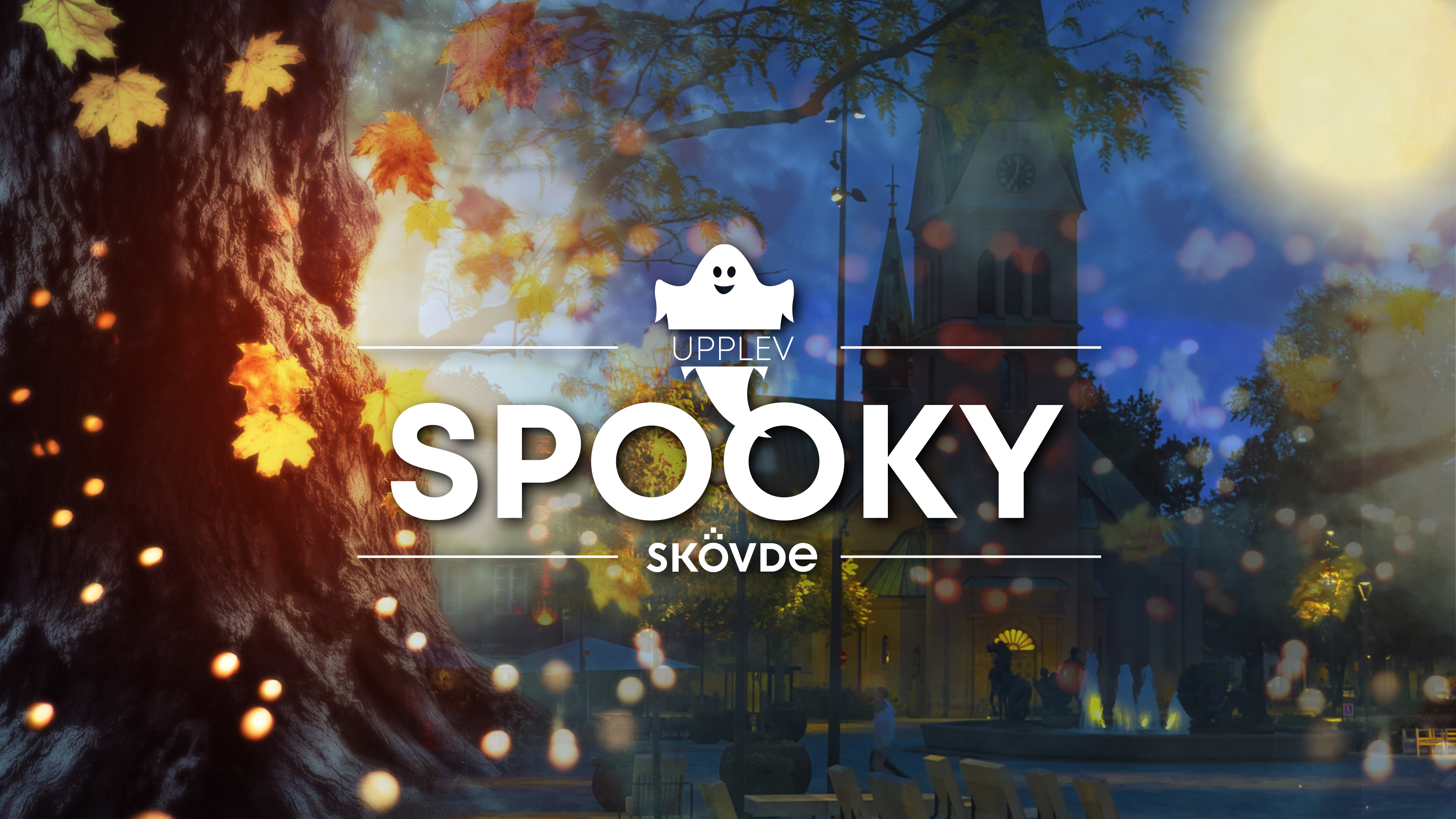 En bild med ett träd och en kyrka i bakgrunden och med texten: Spooky Skövde