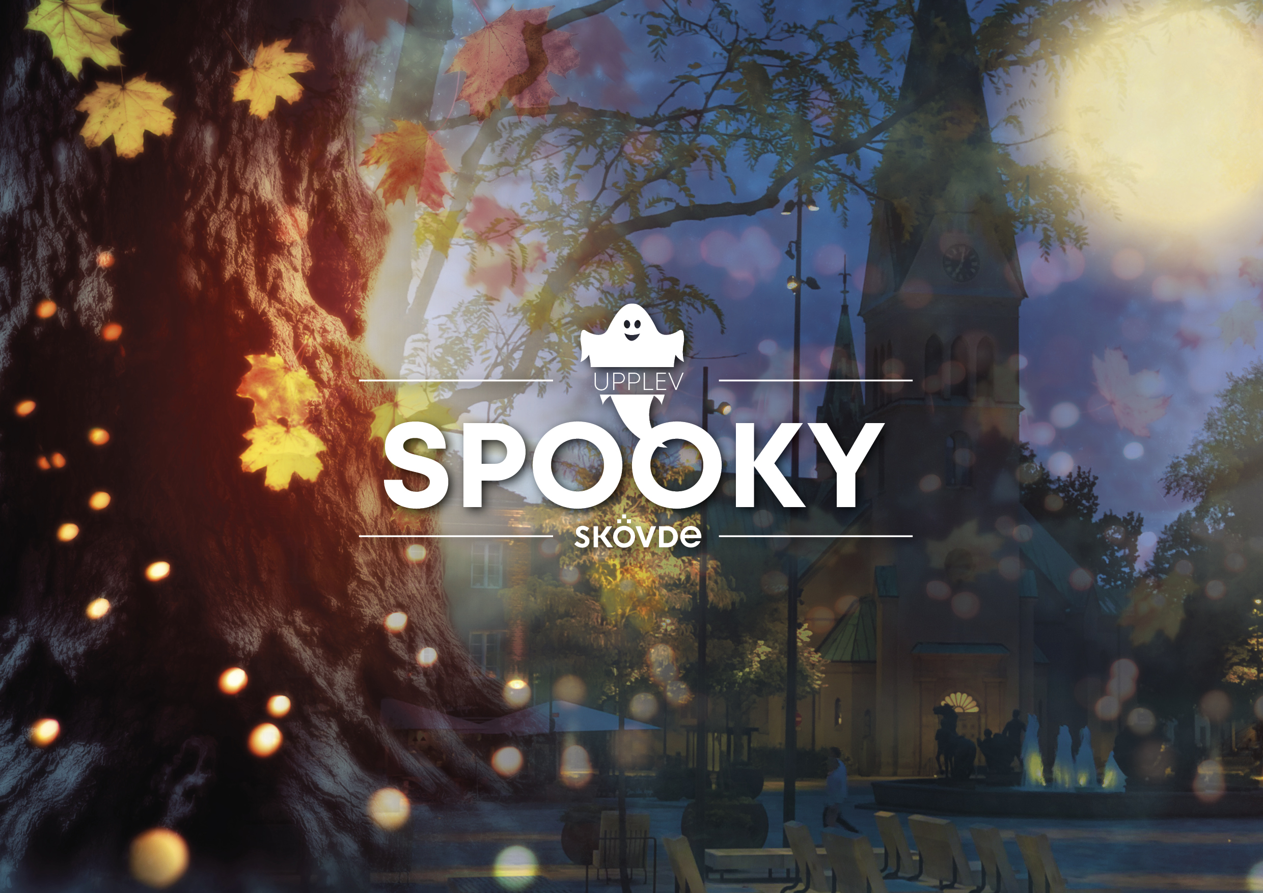 En bild med ett träd och en kyrka i bakgrunden och med texten: Spooky Skövde