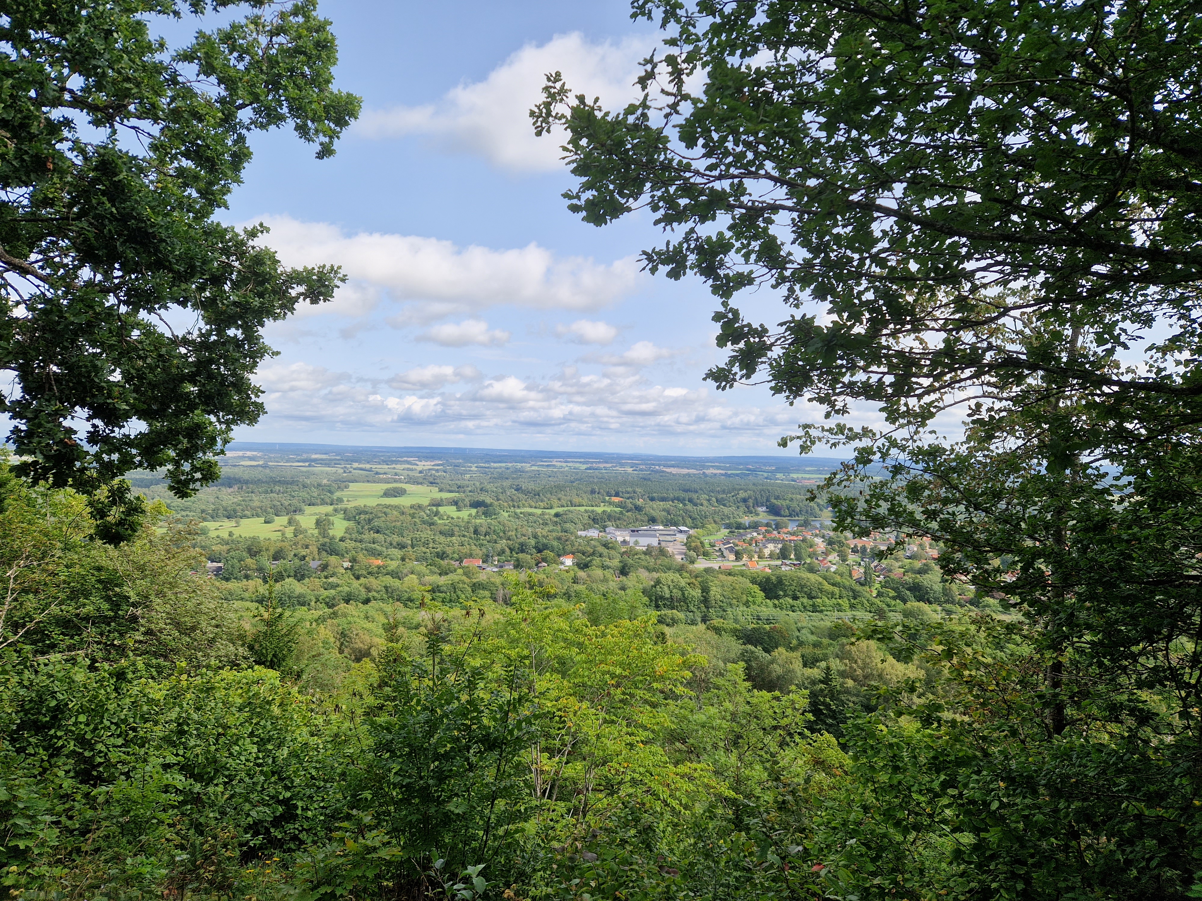Utsikt från en bergskant över frodiga träd och ett litet samhälle. 