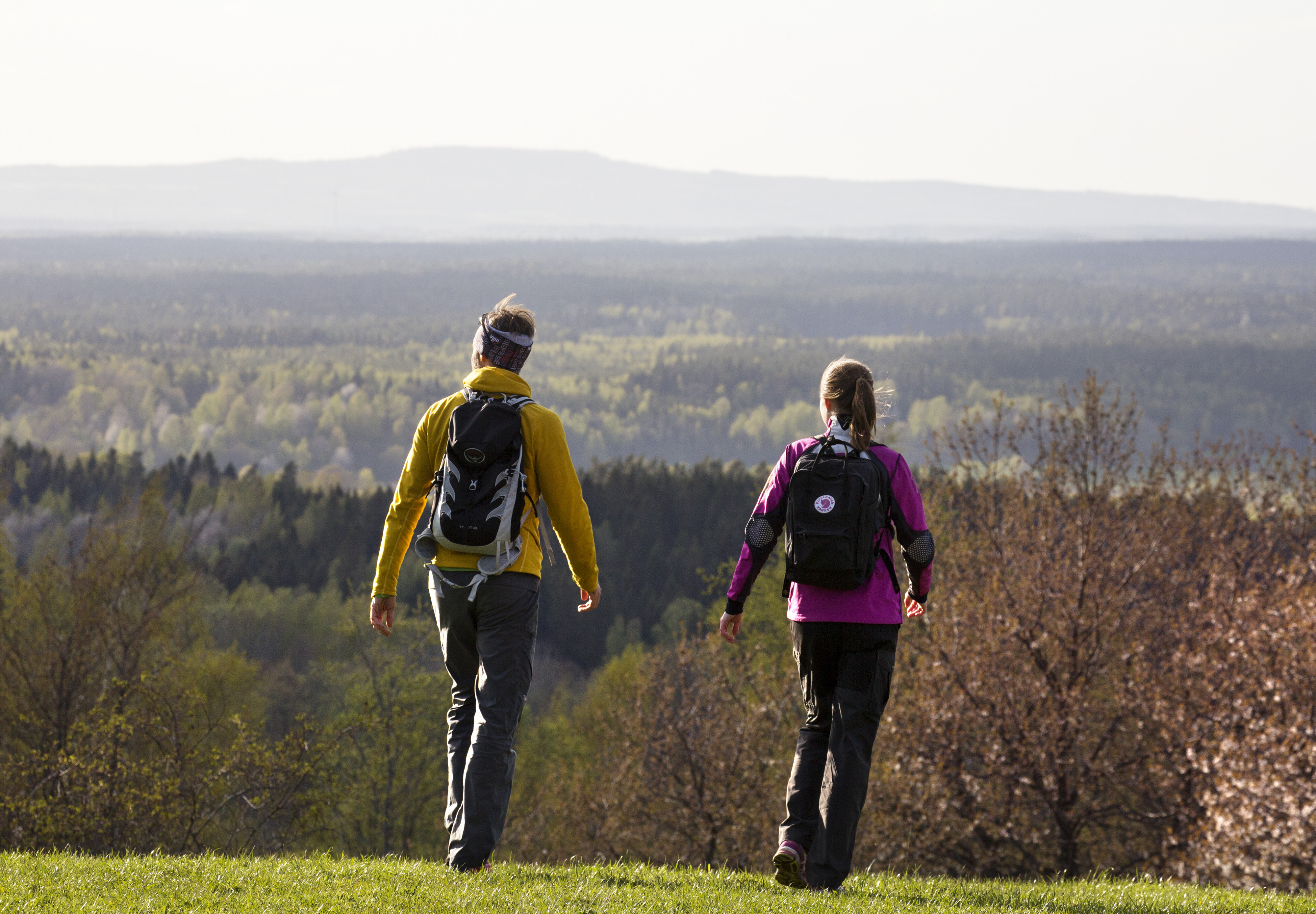 Two people in colorful clothes are walking away from the camera with a wonderful view of the Valle countryside. 