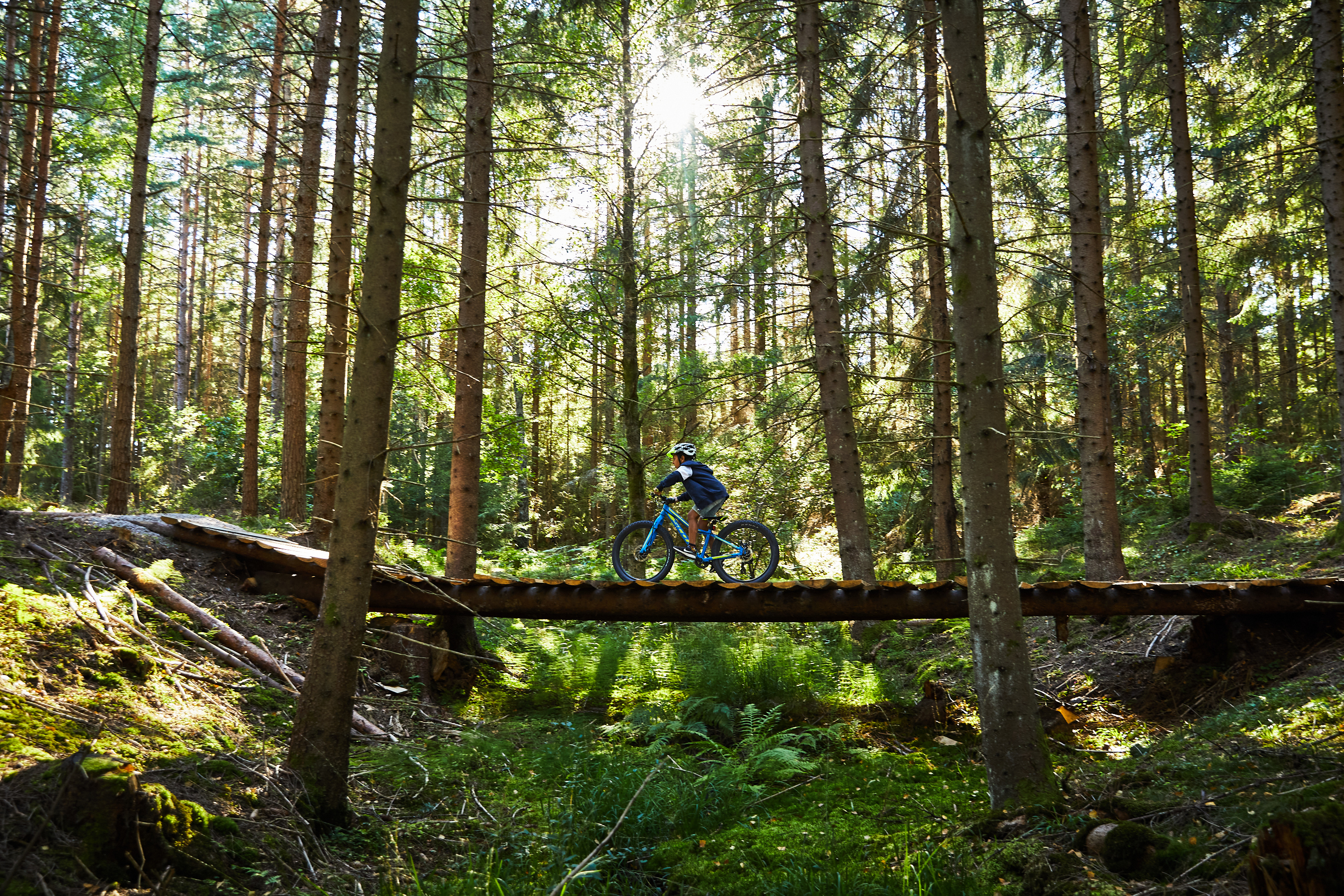 Person som cyklar på en bro i skogen