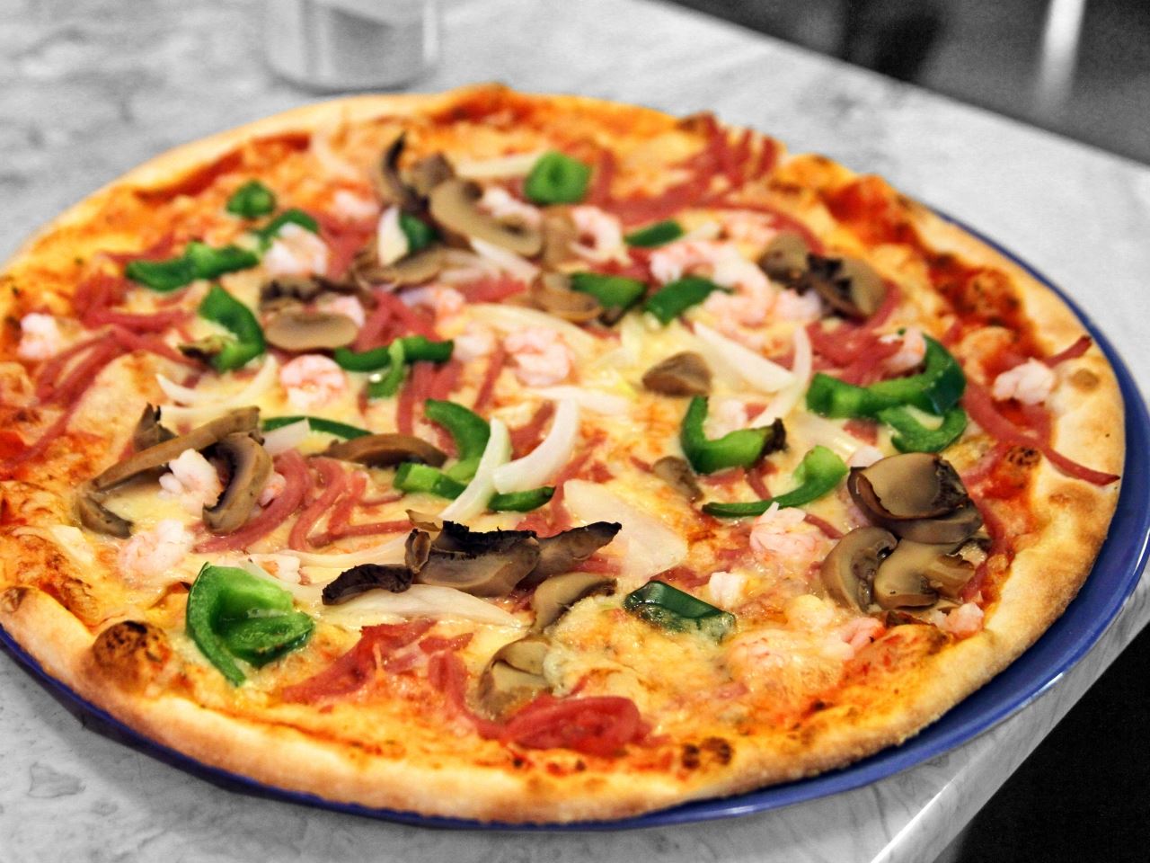 En tallrik med en pizza.