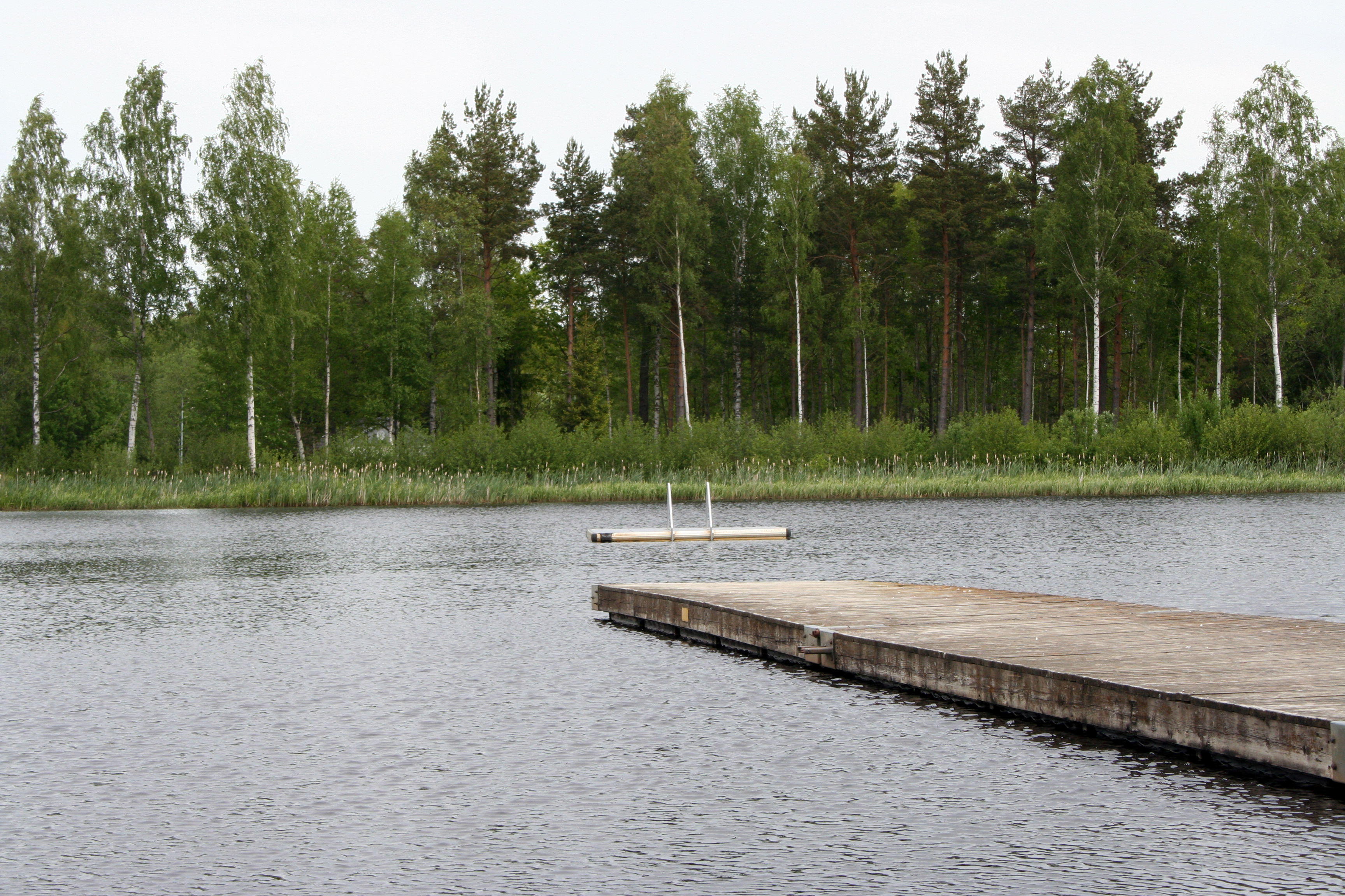 Fröjered's bathing place, river Tidan with a jetty and forest in the background outside Tidaholm.