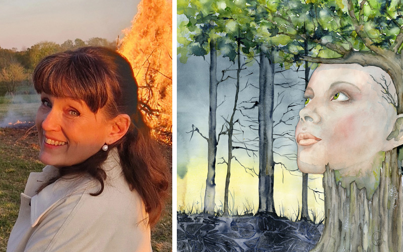 Foto på Anne Karlsson och målad bild på flicka och träd.