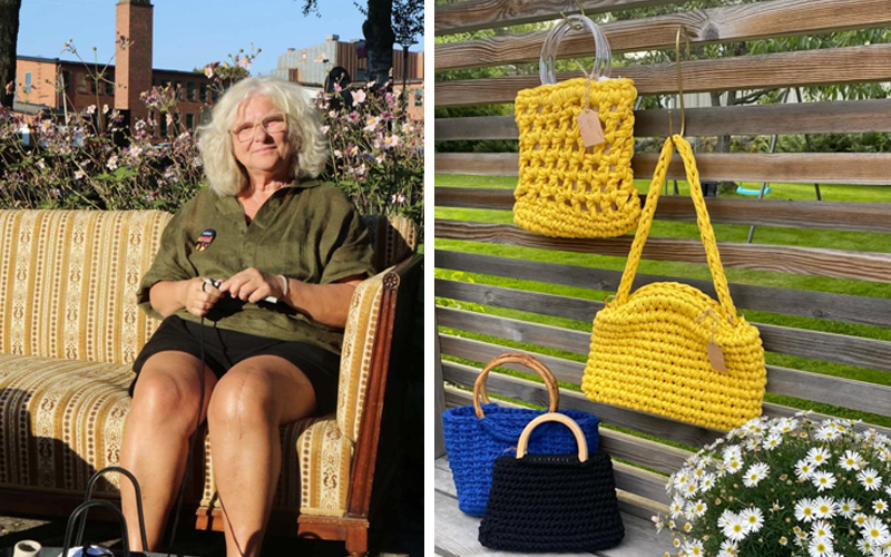 Foto på Veronica Lilja och virkade alster hon gjort.