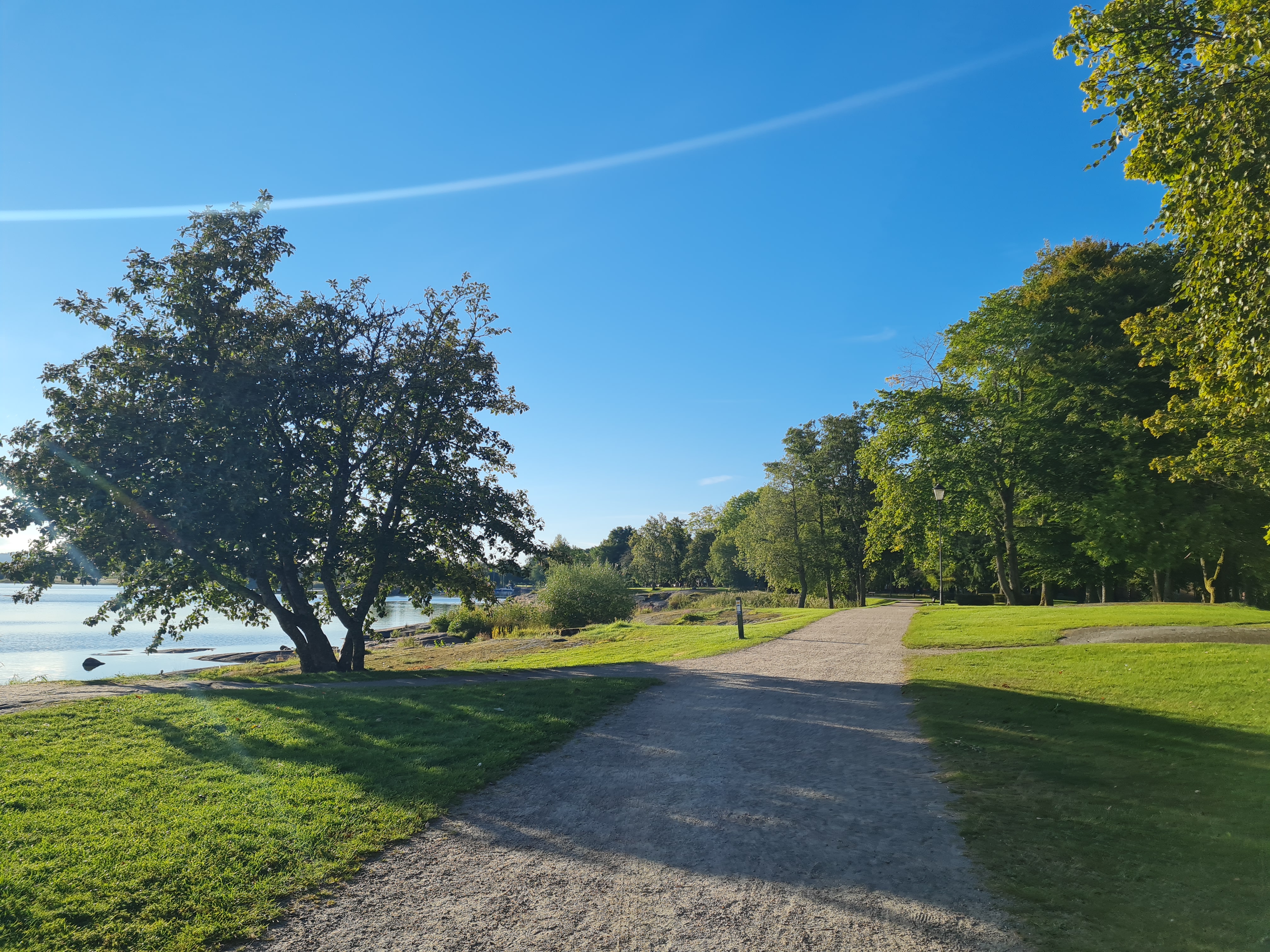 Grusad stig med gröna träd längs Vänern en solig dag