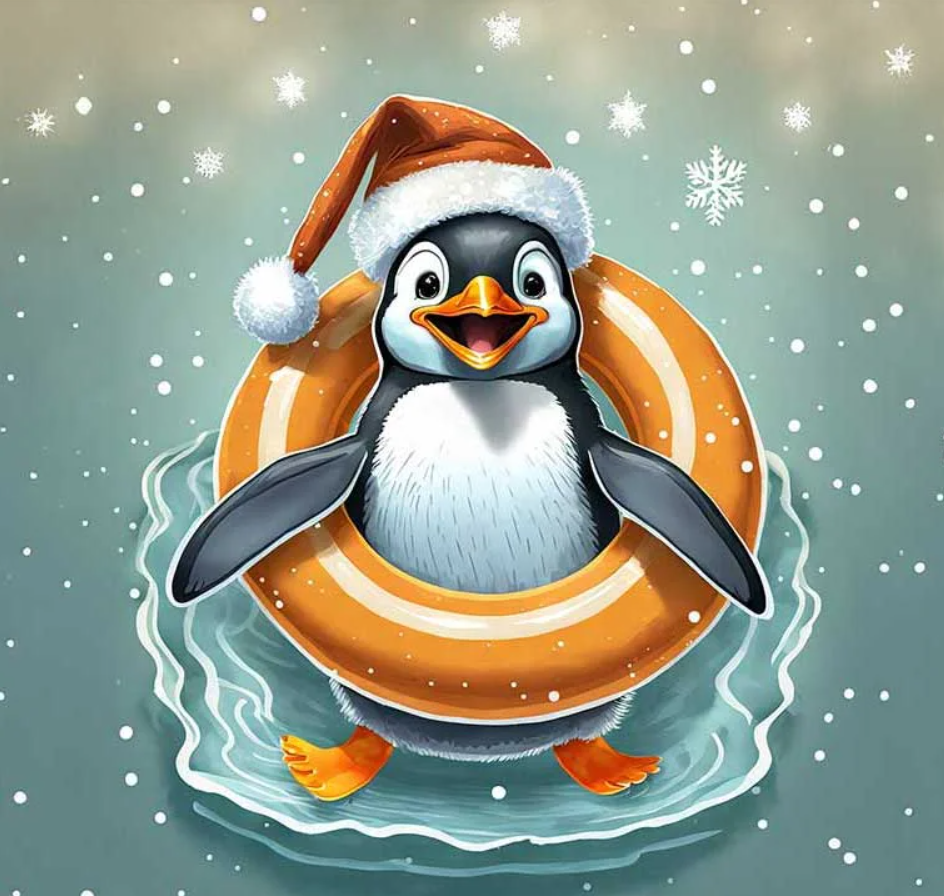 Illustration av en pingvin i vattnet med tomteluva