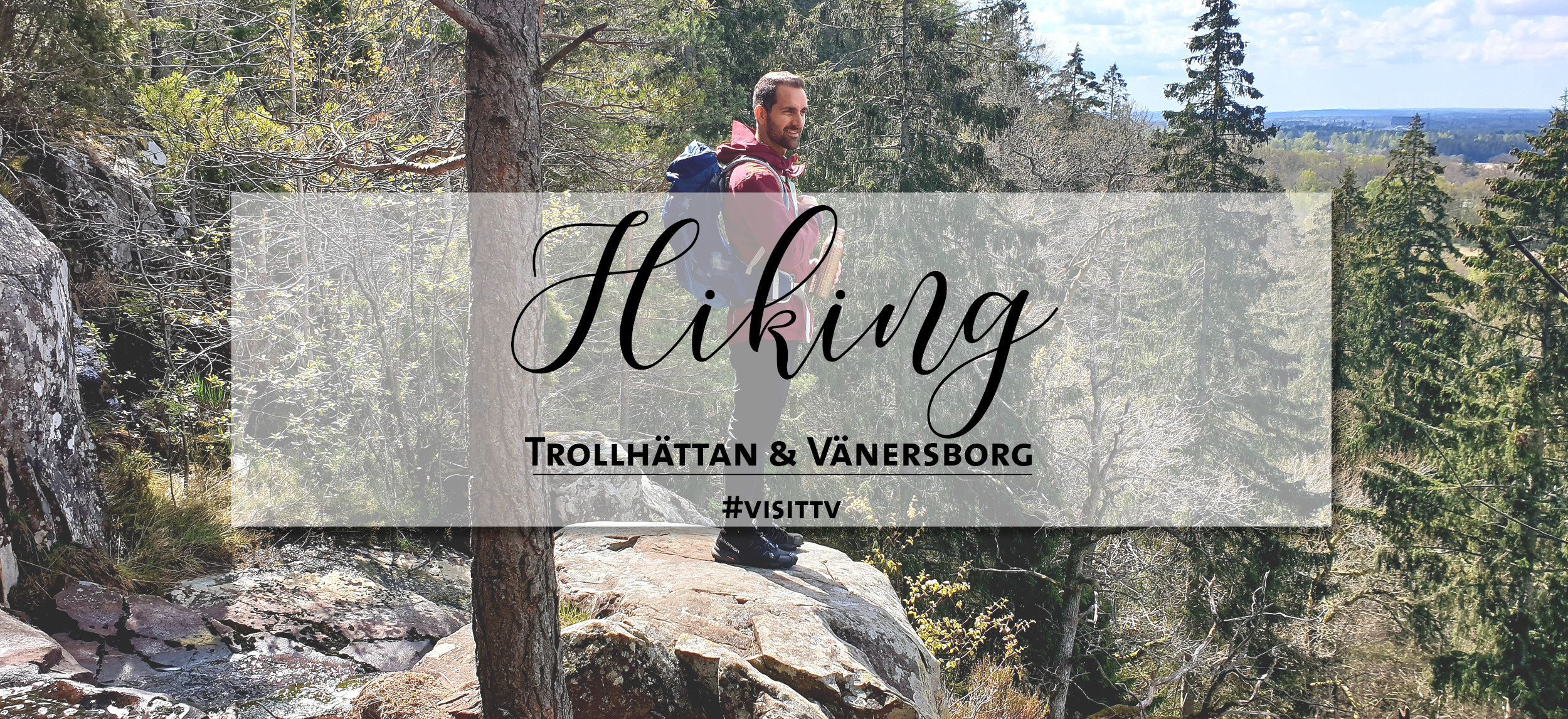 Person som står uppe på en höjd med utsikt över skog.