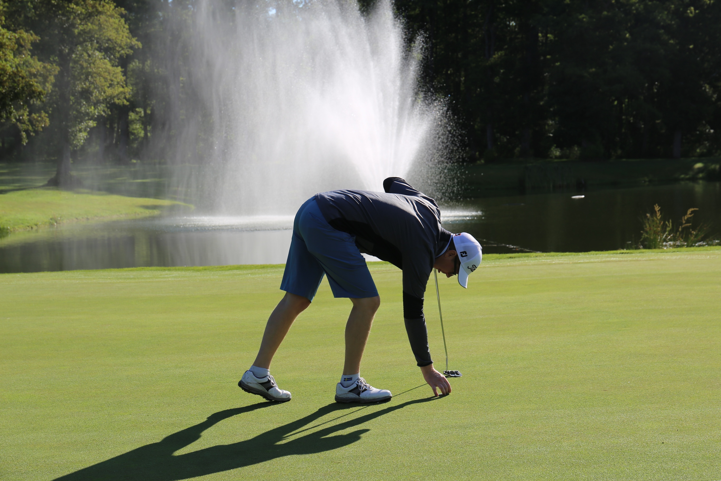 Golfer laying a ball on the green