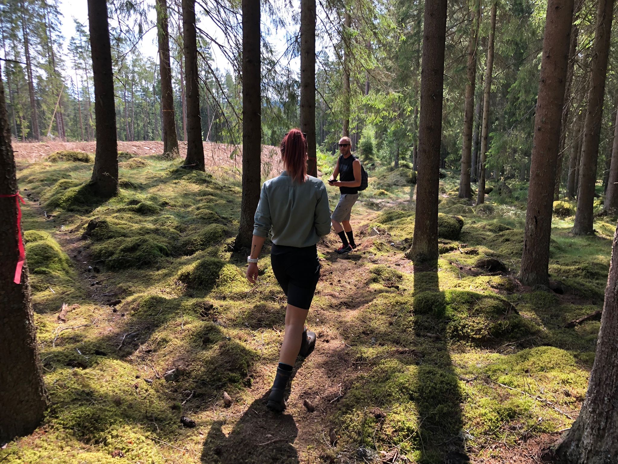 Folk på rad i skogen på Lassalyckans 7 km långa trailbana. 