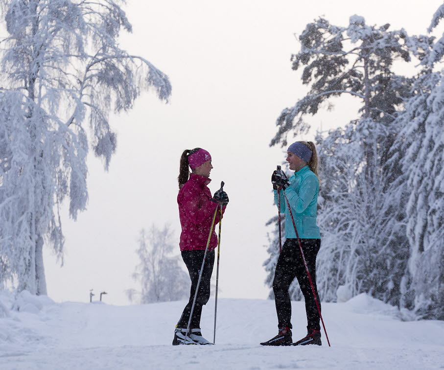 Two girls talking to each other in a winter landscape