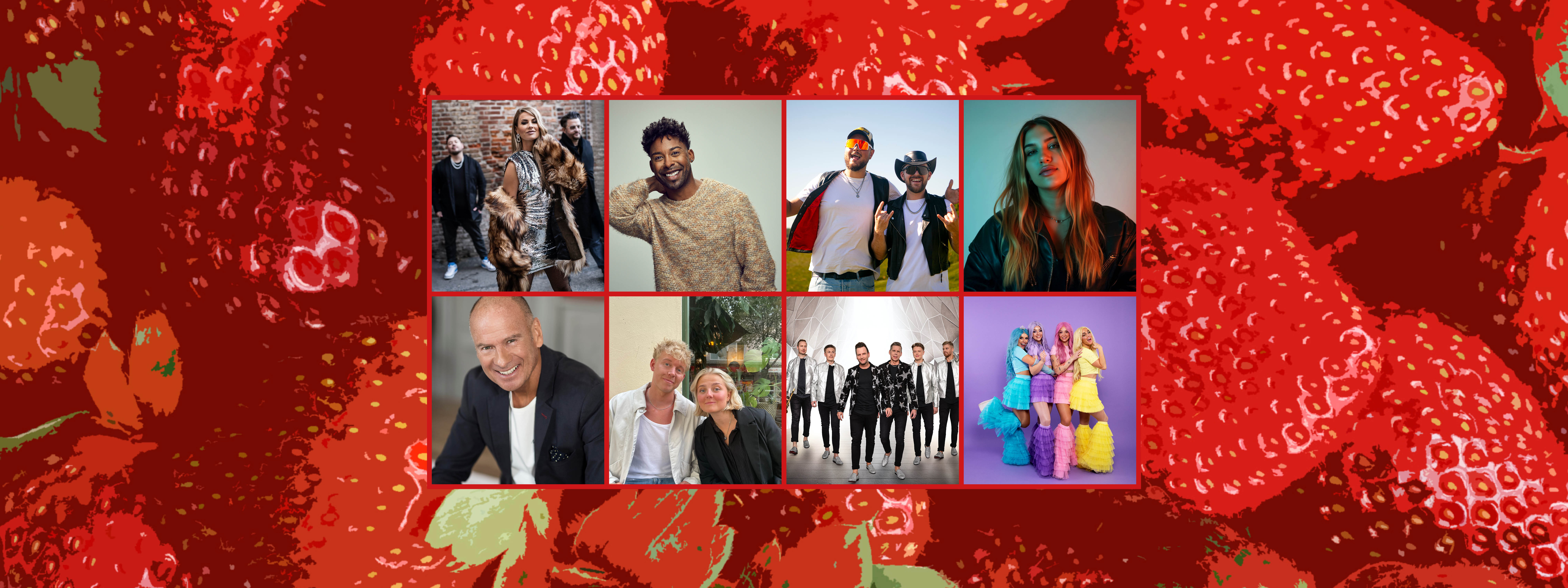 Illustrerade jordgubbar och åtta bilder på artister.