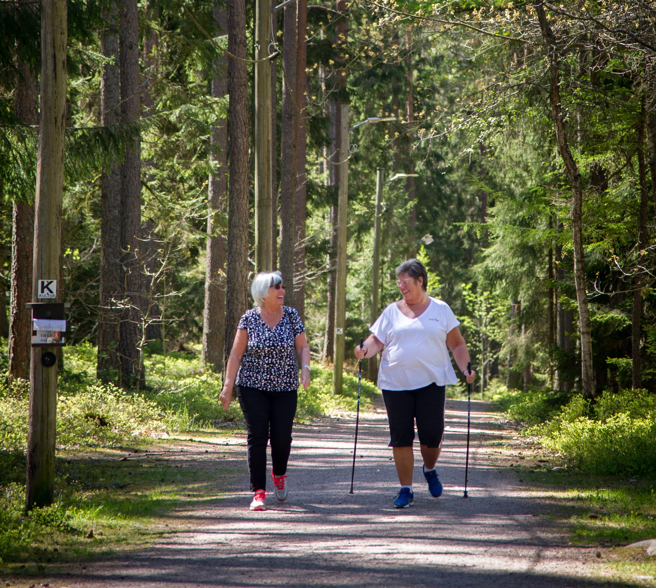 Två kvinnor med gångstavar i skogen