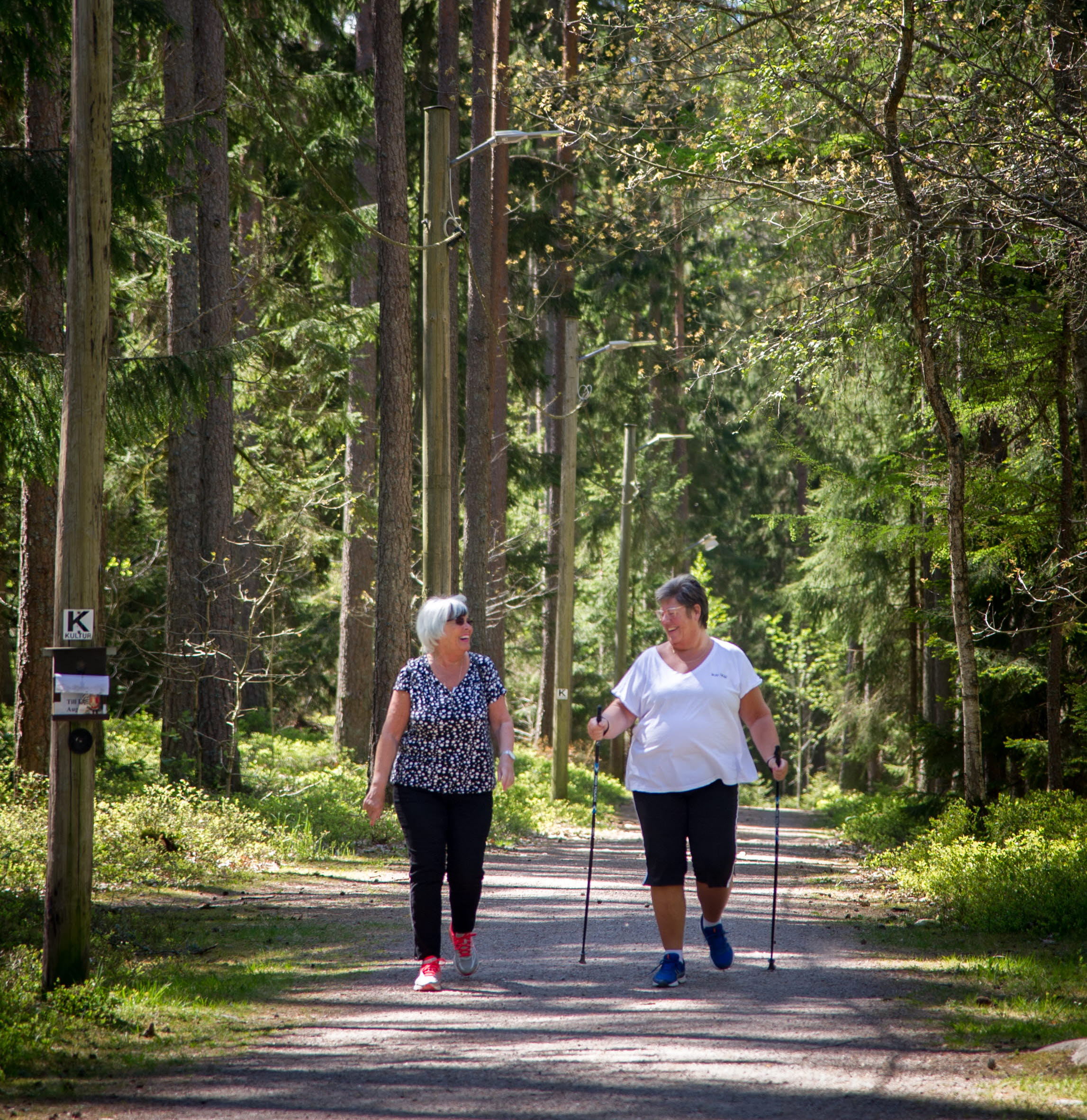 Två kvinnor med gångstavar i skogen