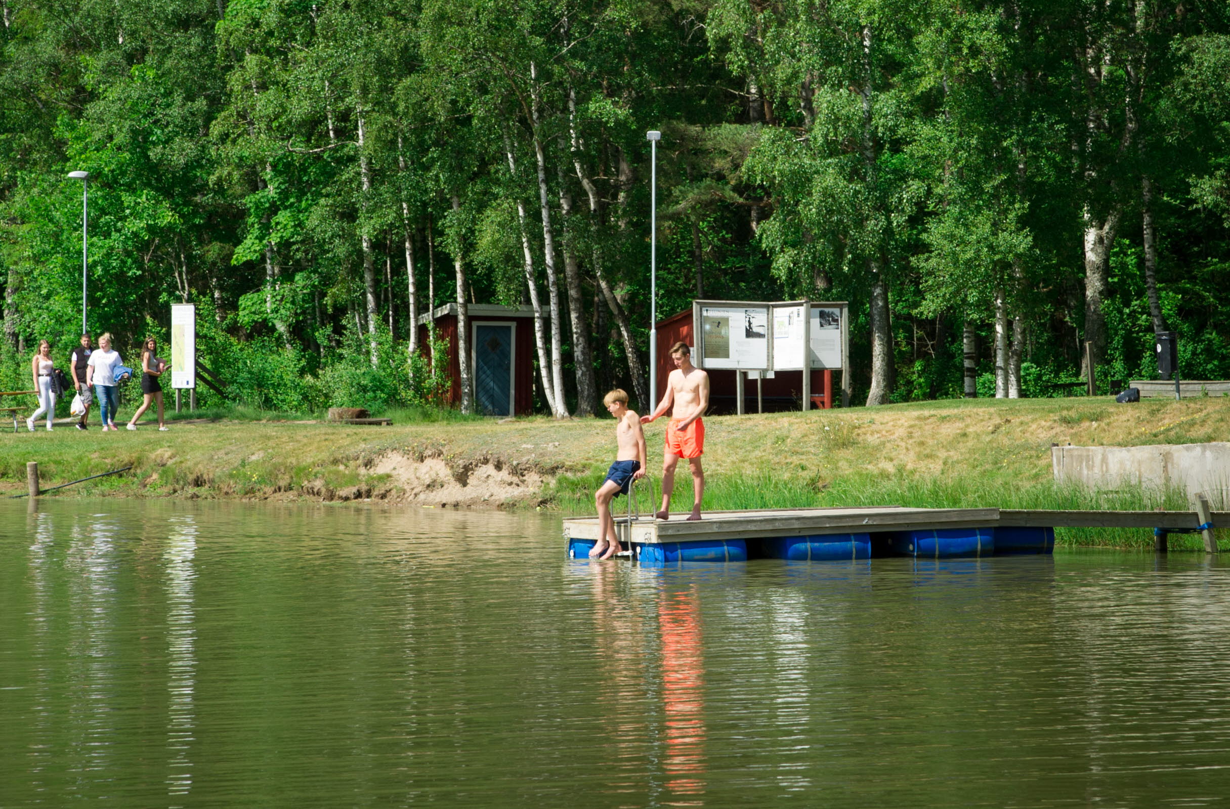 En badsjö med några barn på en flytbrygga. I bakgrunden syns höga, gröna björkar.