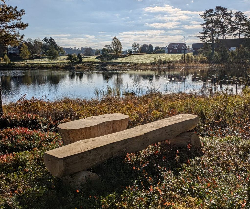 En tillyxad bänk i fin höstsol med Lidasjön i bakgrunden