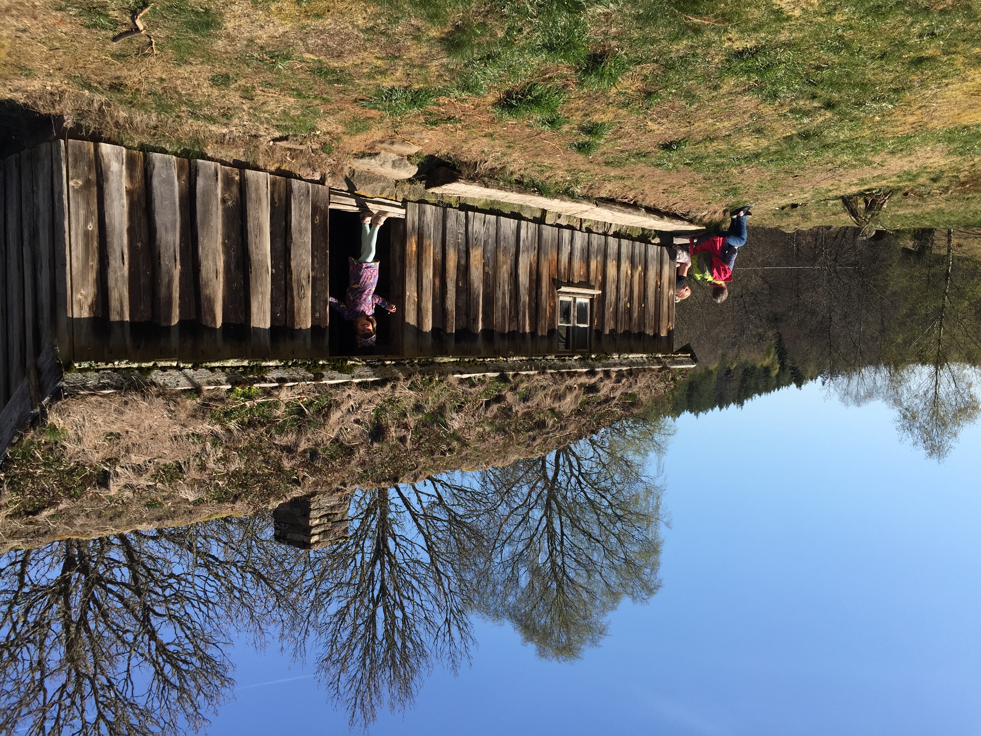 Bild på den gamla stugan i Yxnås i vårsolens sken