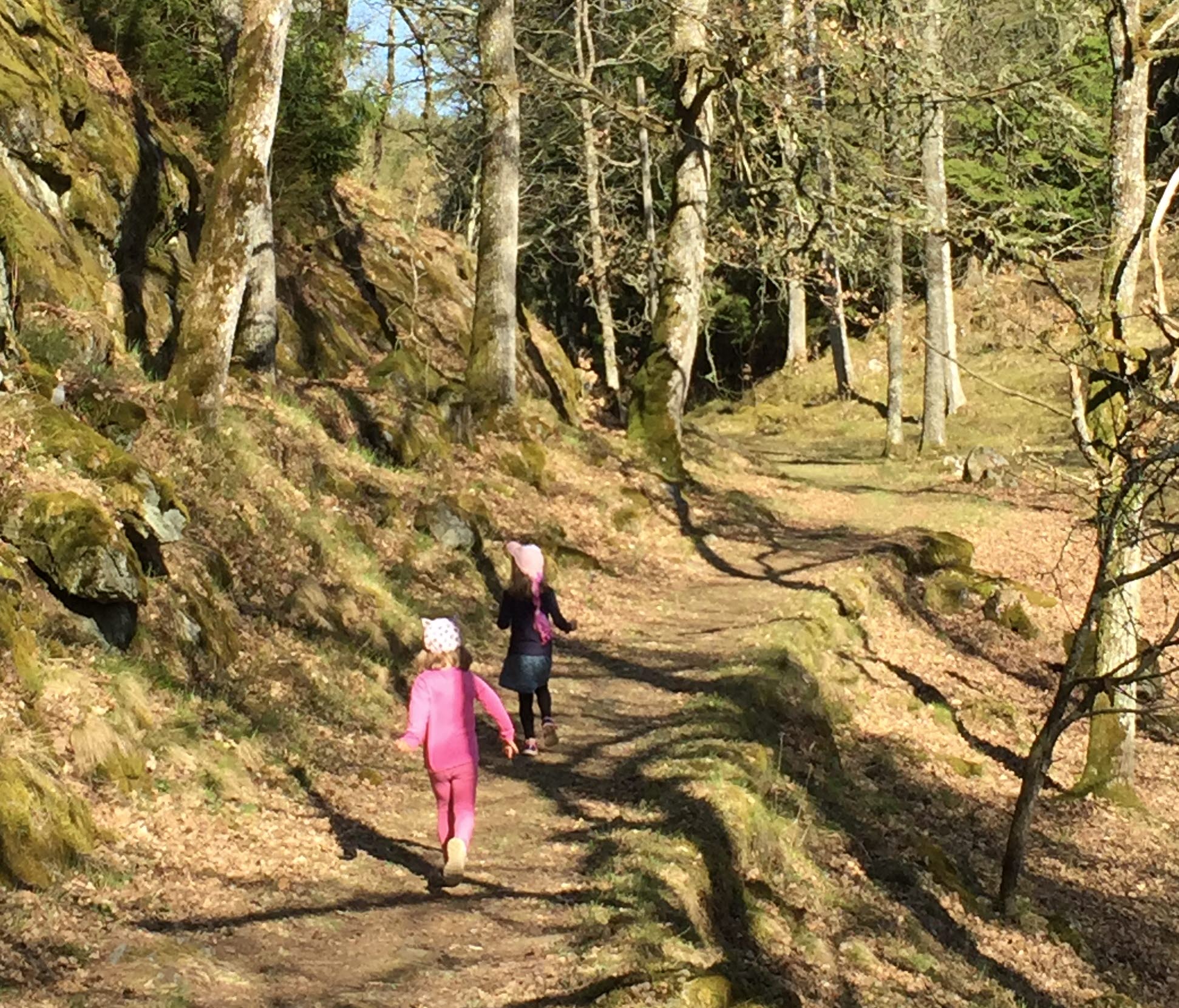 Två barn går på en stig