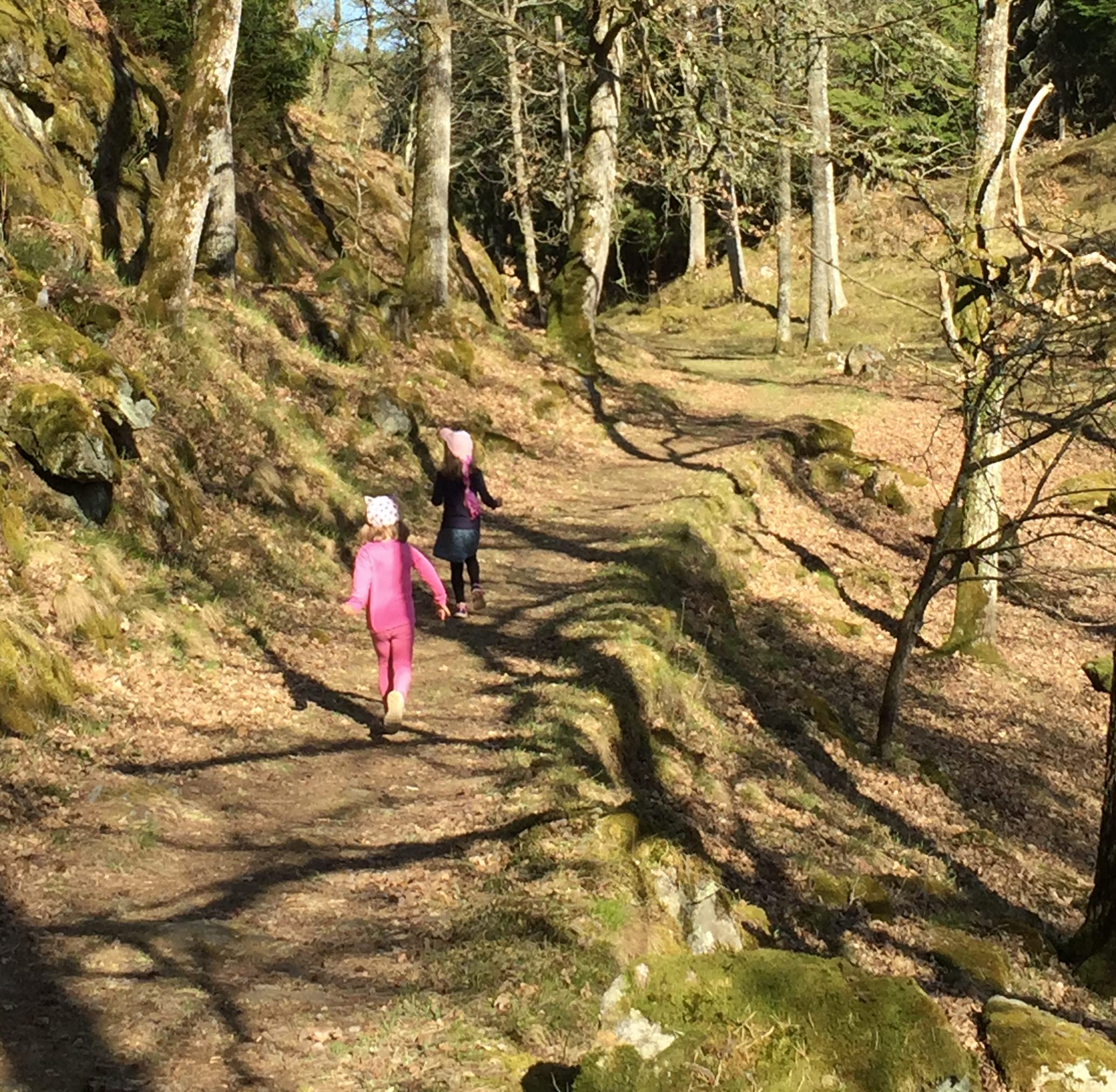 Två barn går på en stig