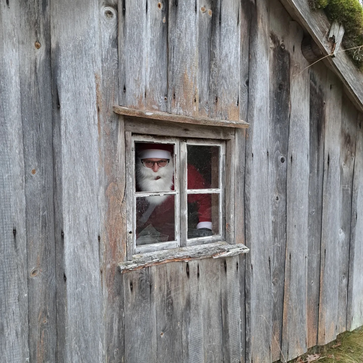 En tomte som spanar ut genom fönstret på en liten stuga